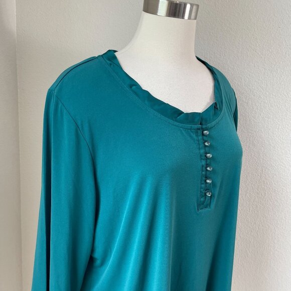 Susan Graver Womens Plus 1X Teal Button Front Top Stretch Liquid Knit Shirt - Picture 2 of 9